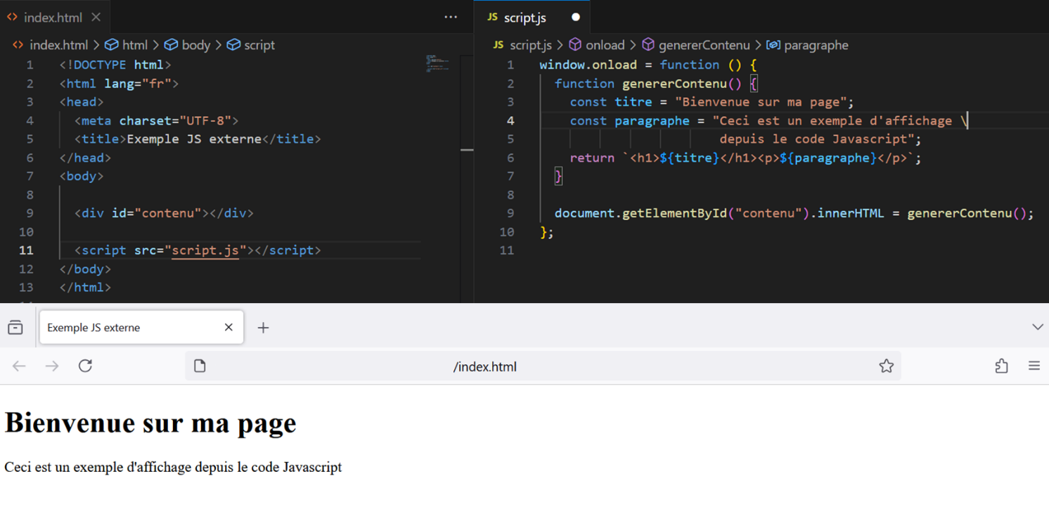 Cet exemple simple illustre comment le contenu HTML du site internet peut s’intégrer dans des fonctions Javascript. Ce contenu n'est alors pas récupérable par une collecte naïve des balises HTML du fichier .html d’un site internet, dont il est absent