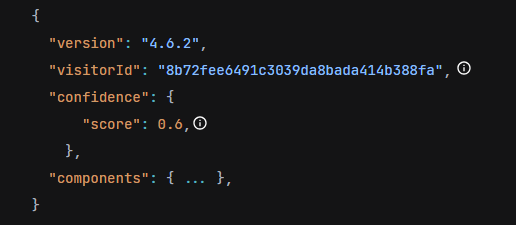 Exemple d'identifiant du client (champ « visitorId » calculé à l'aide de la bibliothèque FingerprintJS, ainsi que la fourniture d'un score de confiance)