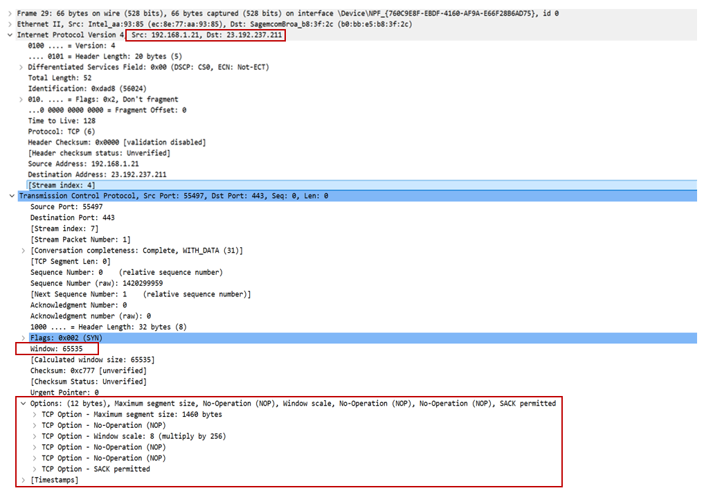 Exemple d'un paquet SYN envoyé par le client, contenant son adresse IP ainsi que des options qui le caractérisent.