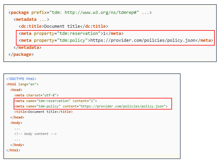Exemple d'usage des balises <meta> dans des fichiers HTML d’abord, puis EPUB, pour appliquer le protocole TDMRep