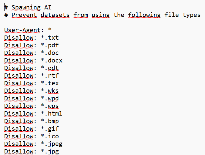 Exemple de fichier "ai.txt" généré sur le site internet de Spawning