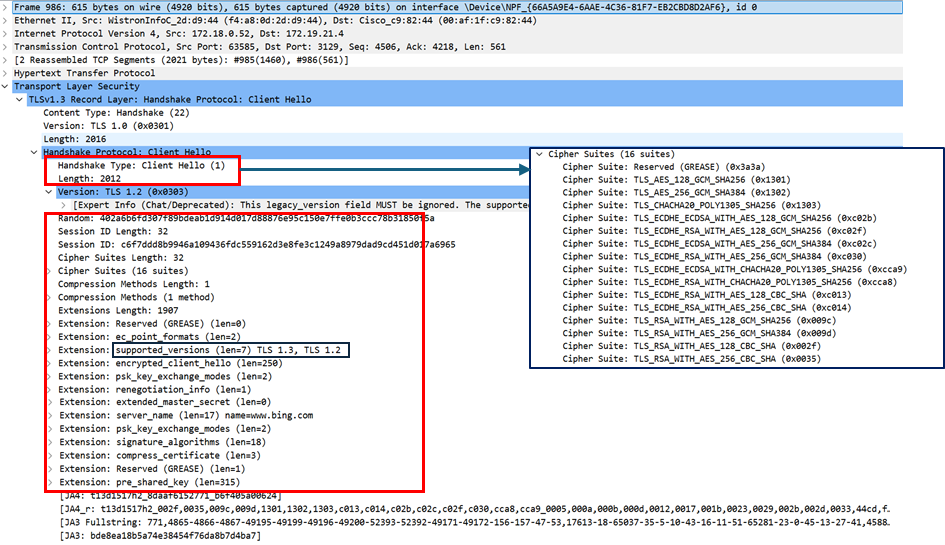 Exemple de segment "Client Hello" lors d'une poignée de main TLS v1.3.