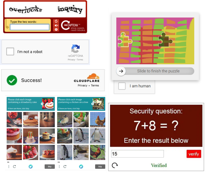 Exemples de CAPTCHAs qu'on peut rencontrer sur internet. Il y en a beaucoup d'autres, qui peuvent prendre des formes variées