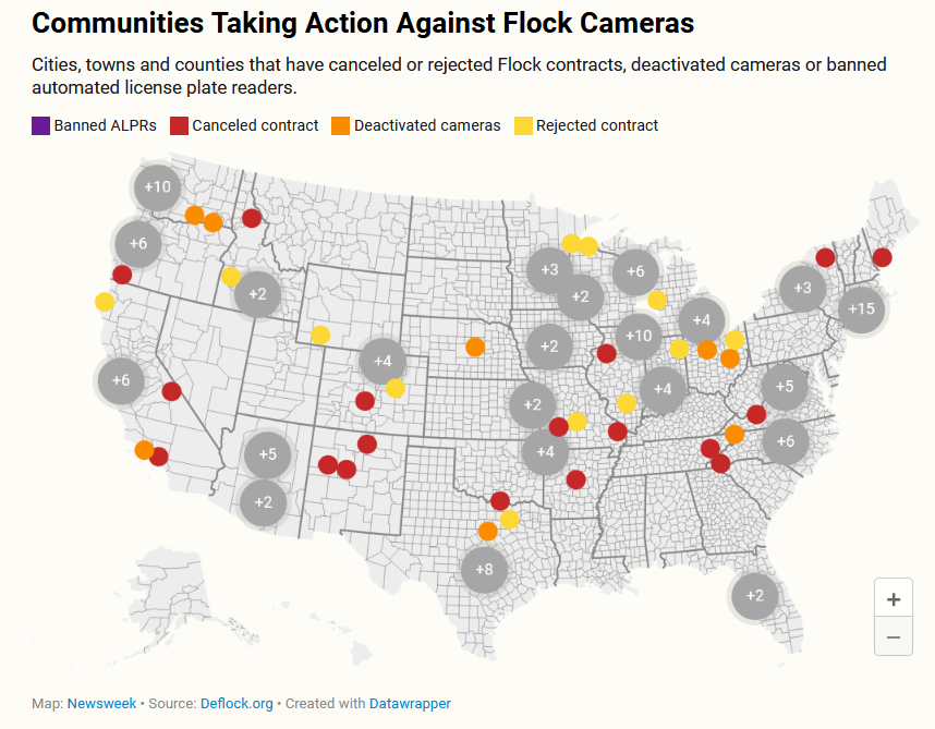 Carte publiée par Newsweek recensant 149 villes étasuniennes ayant pris des mesures contre les caméras Flock