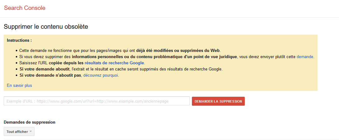 Google search console : signaler un contenu obsolète