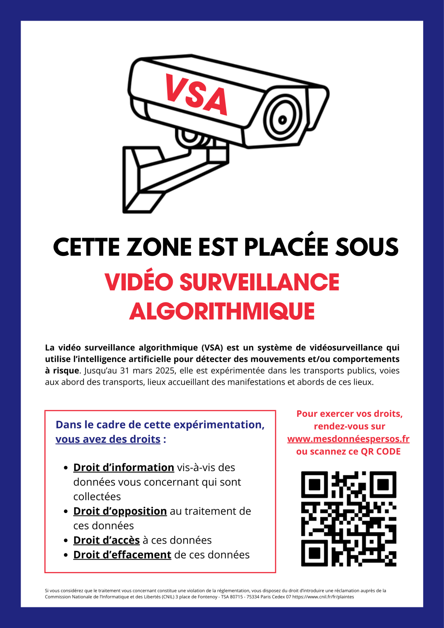 Affiche informative avec une caméra et une mention : cette zone est placée sous vidéo surveillance algorithmique"